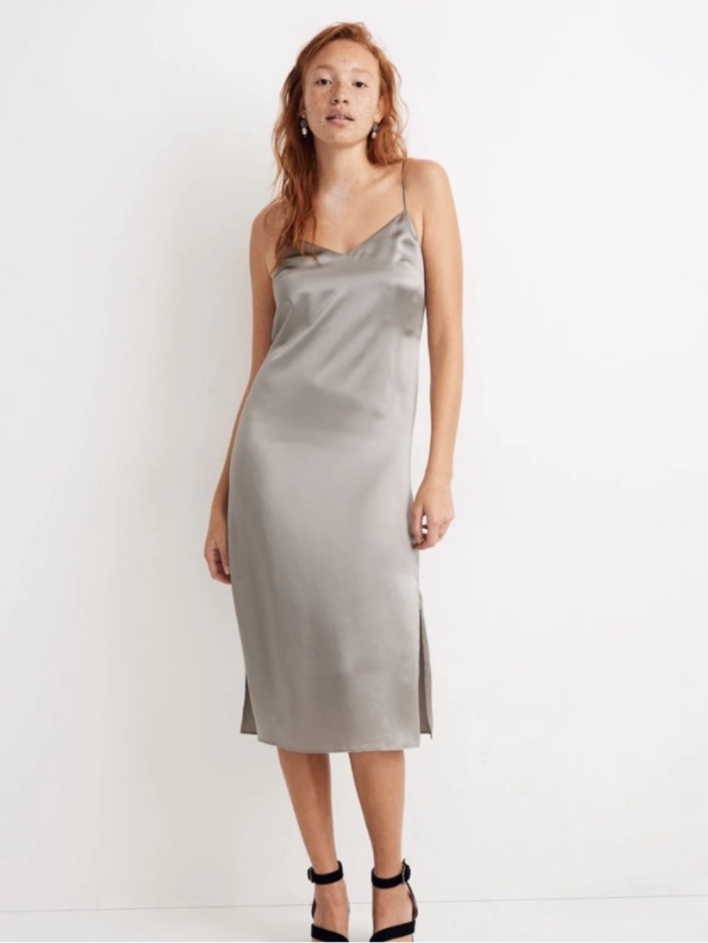 Madewell Silk Slip Midi Dress in Silver NWT
